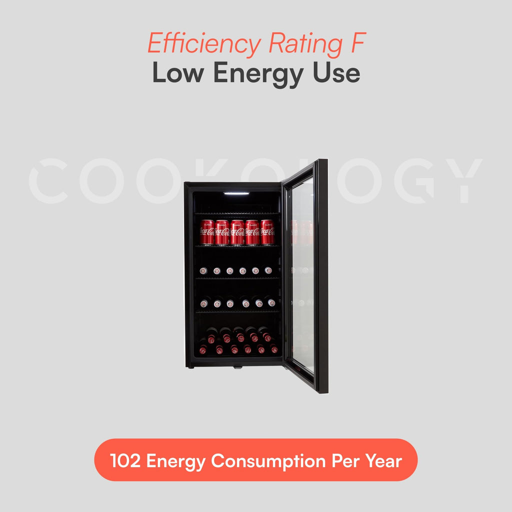 CBC98BK Under-Counter Fridge, 98 Litre Beer, Wine and Drinks Fridge with Adjustable Temperature Control, LED Light, Suitable for Cans and Bottles, Energy Efficient - in Black