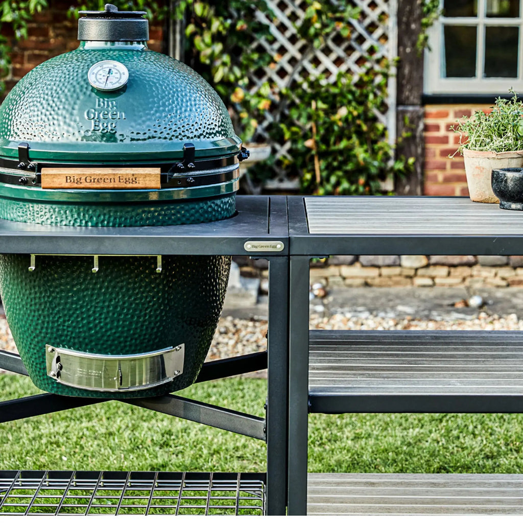 Big Green Egg Modular Nest + Expansion Frame + Distressed Acacia Shelves